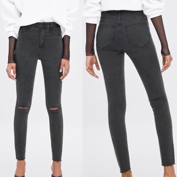 Zara Denim - Zara Trafaluc Dark Grey High Rise Distressed Jeans